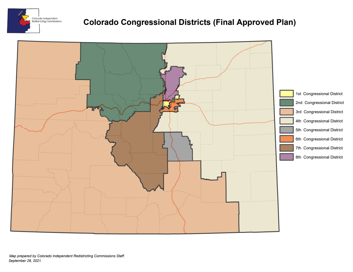 Official Colorado congressional plan map showing districts 1 through 8 and county boundaries.