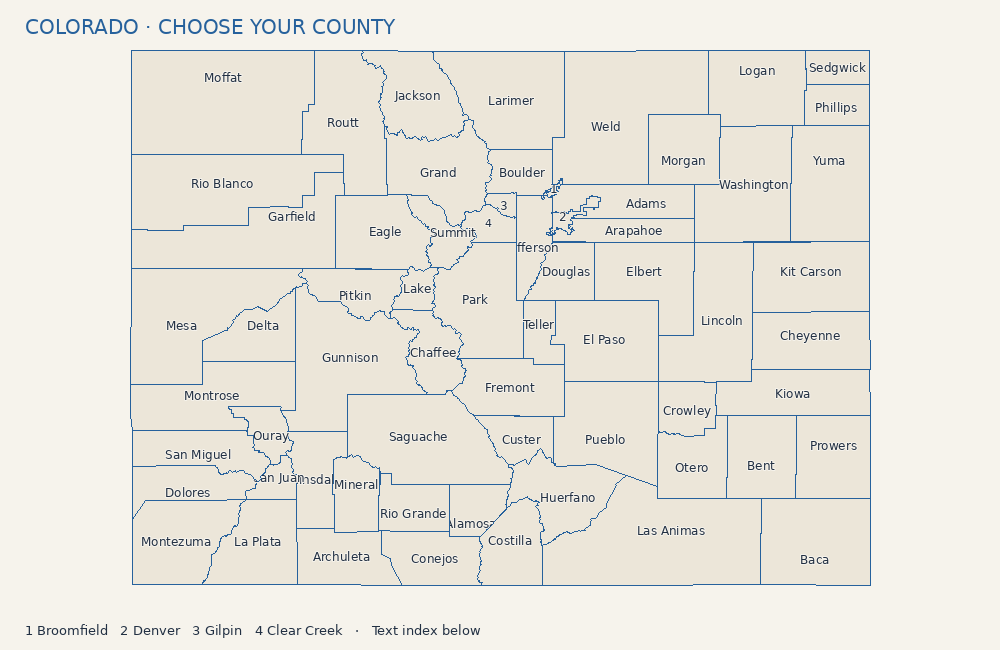 Colorado counties. Click a county to find offices and local city maps. A text index follows.