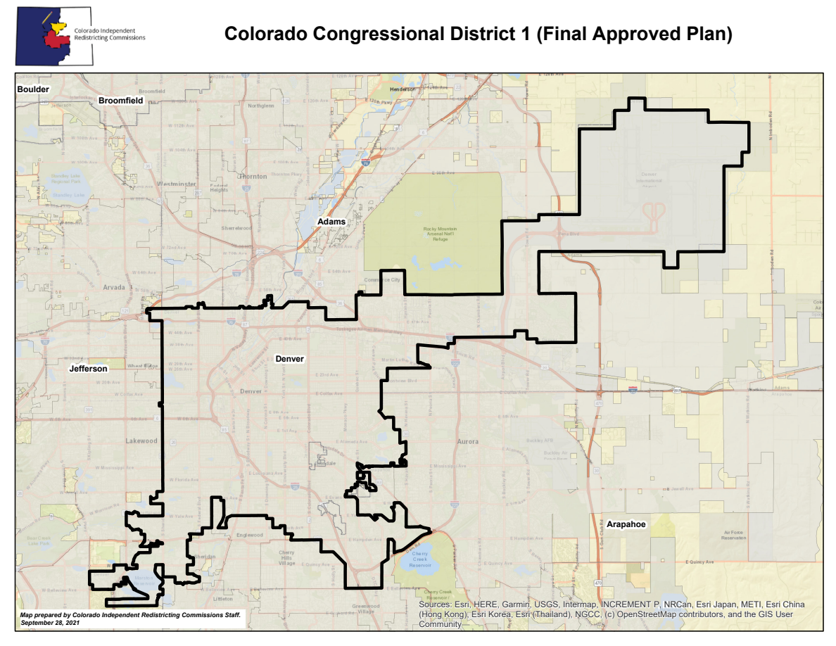 Official Colorado Congressional District 1 plan map with its boundary, county labels and surrounding geography.