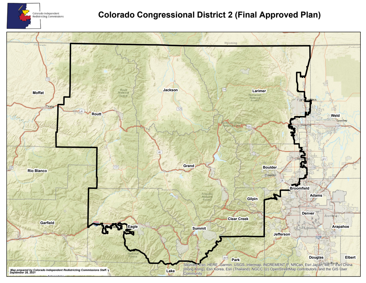 Official Colorado Congressional District 2 plan map with its boundary, county labels and surrounding geography.