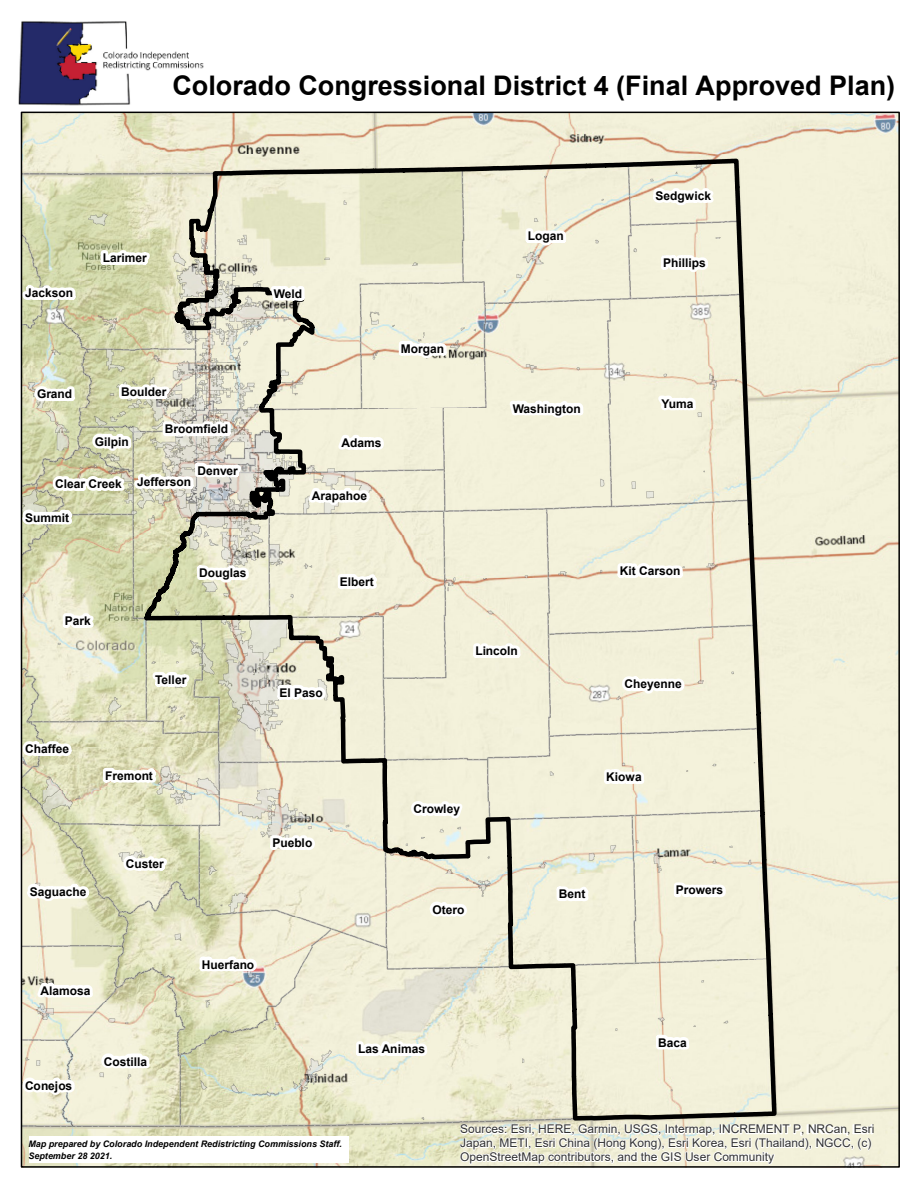 Official Colorado Congressional District 4 plan map with its boundary, county labels and surrounding geography.