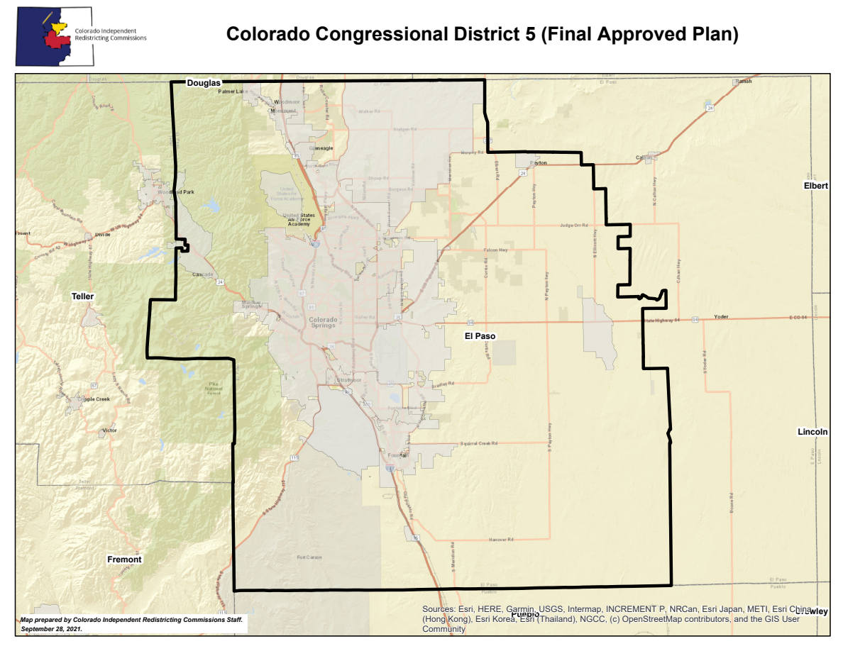 Official Colorado Congressional District 5 plan map with its boundary, county labels and surrounding geography.