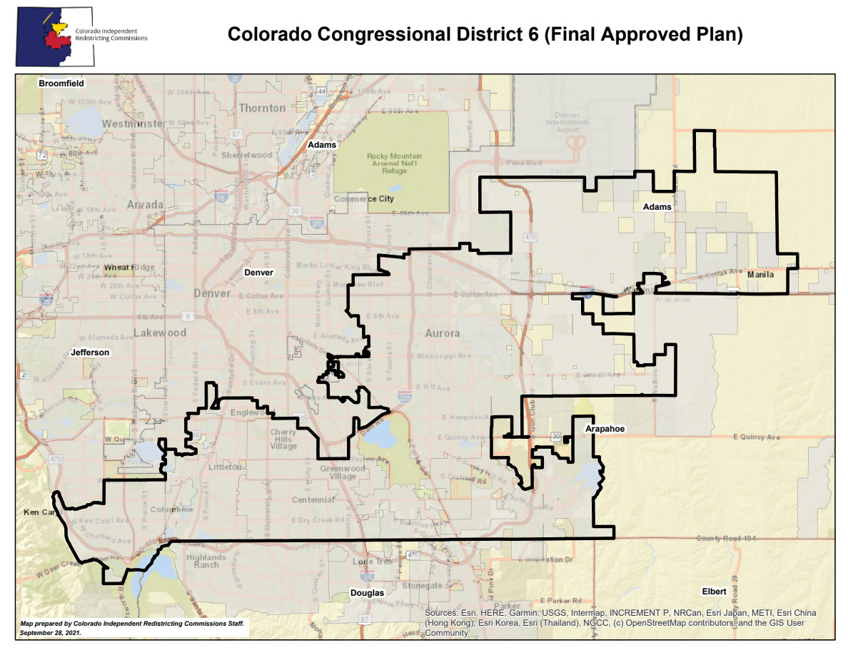 Official Colorado Congressional District 6 plan map with its boundary, county labels and surrounding geography.