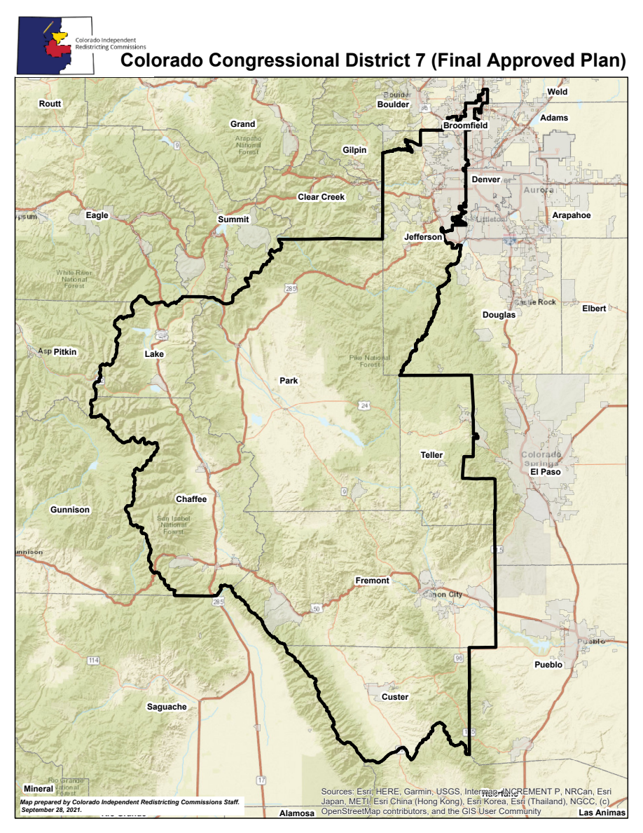 Official Colorado Congressional District 7 plan map with its boundary, county labels and surrounding geography.