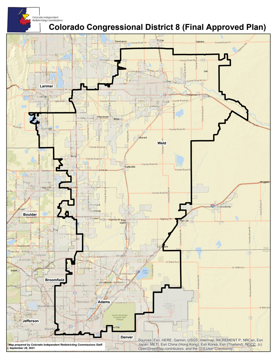 Official Colorado Congressional District 8 plan map with its boundary, county labels and surrounding geography.