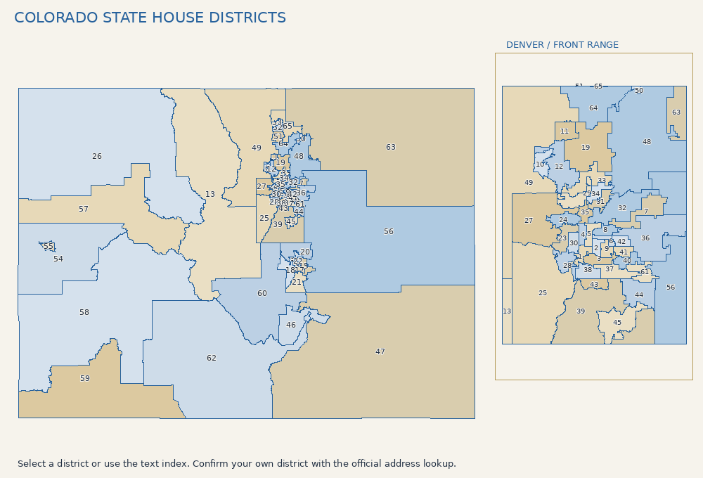 State House districts. Click a district to open its official legislator profile. A text index follows.