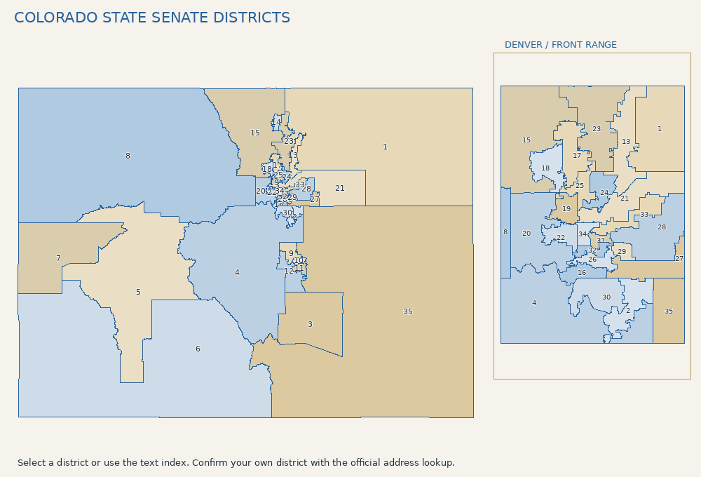 State Senate districts. Click a district to open its official legislator profile. A text index follows.