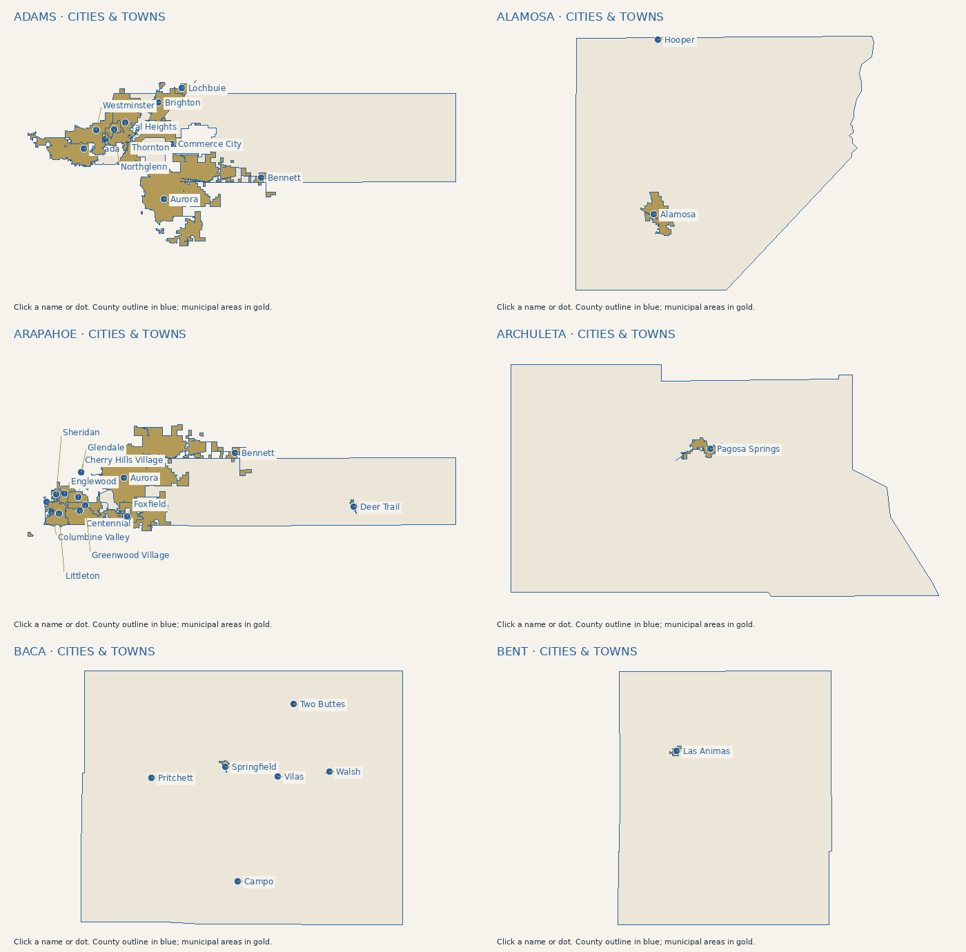 Cities and towns in Adams County. Click a label or use the city list.