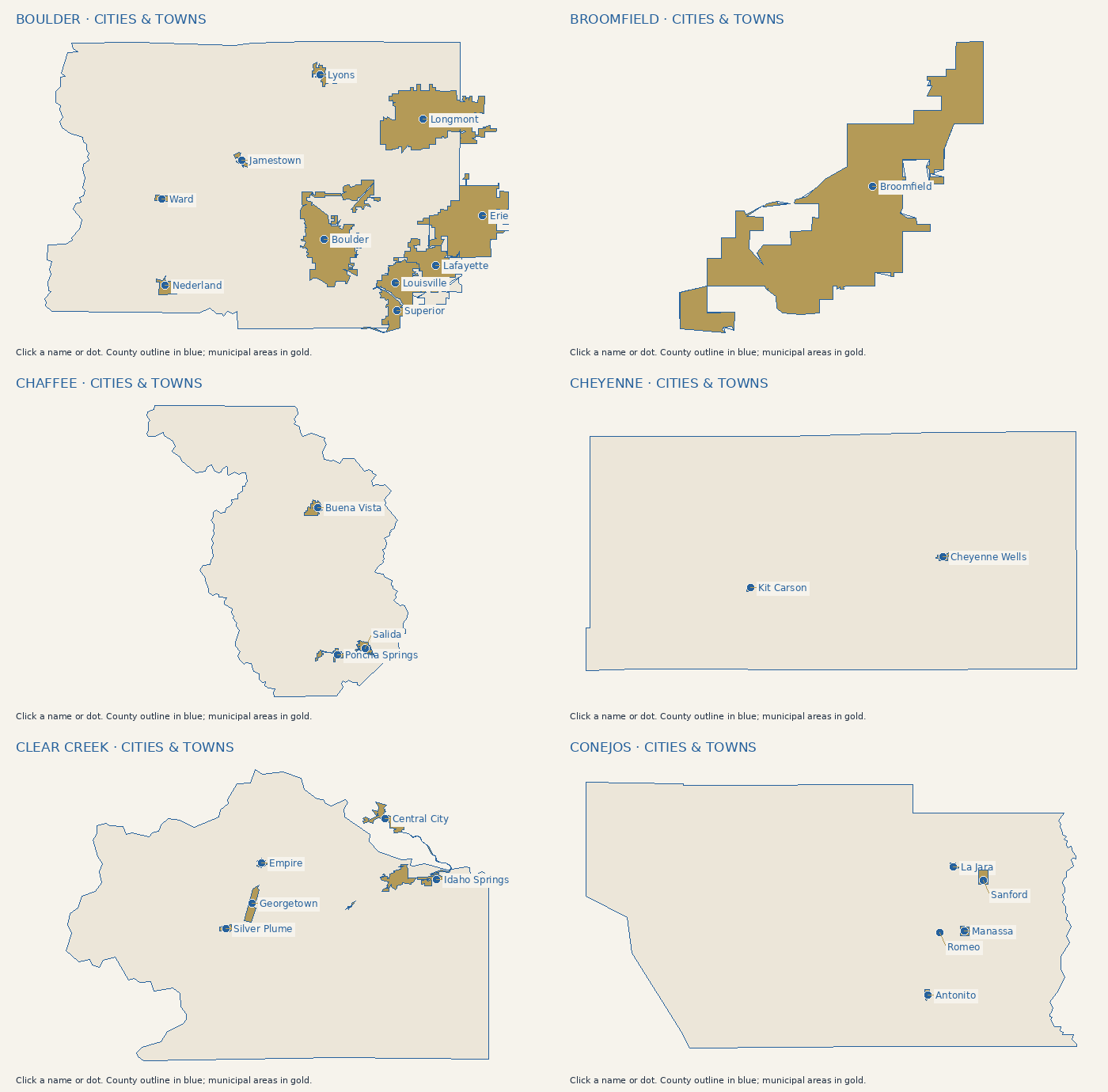 Cities and towns in Boulder County. Click a label or use the city list.