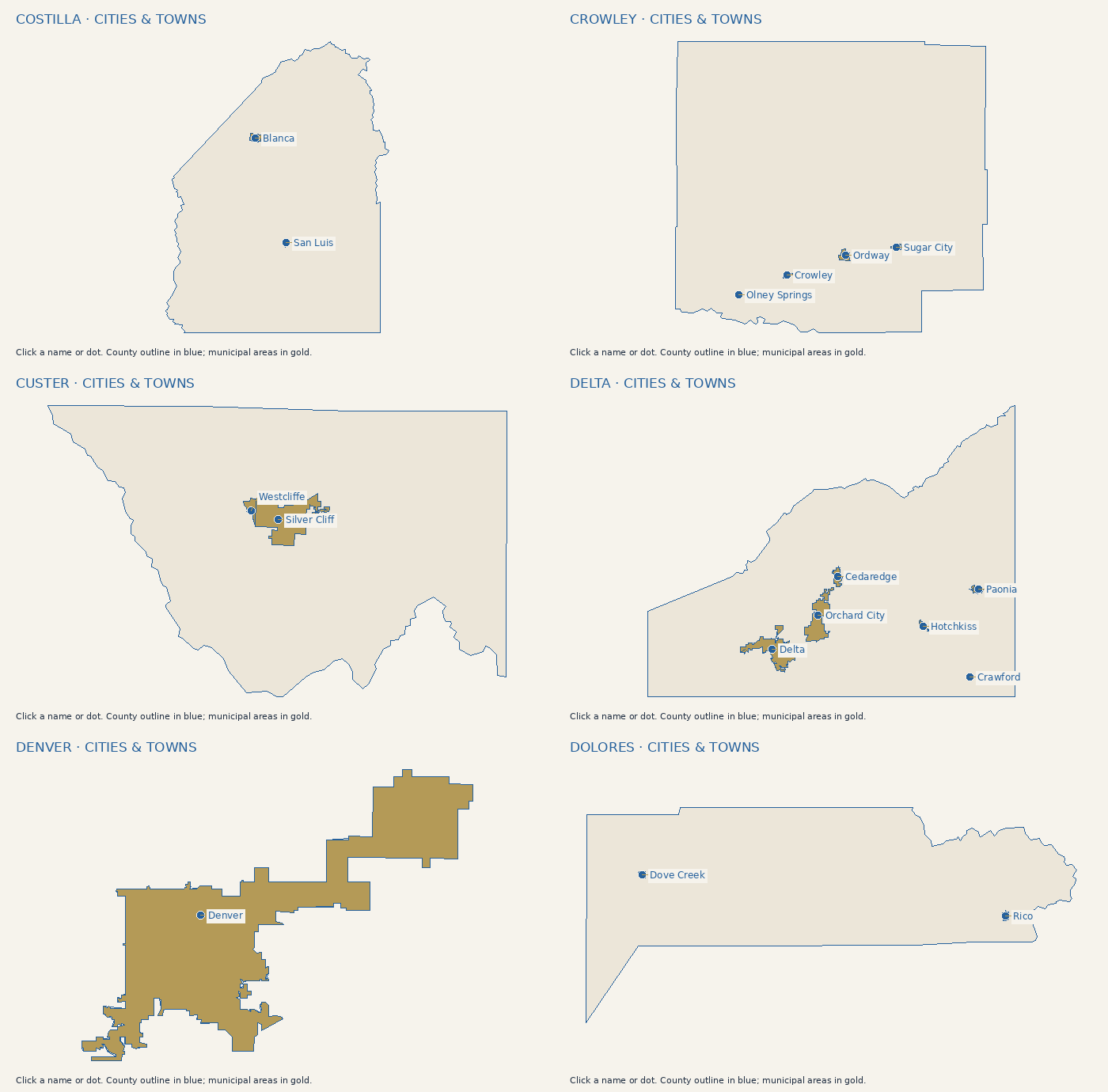 Cities and towns in Costilla County. Click a label or use the city list.