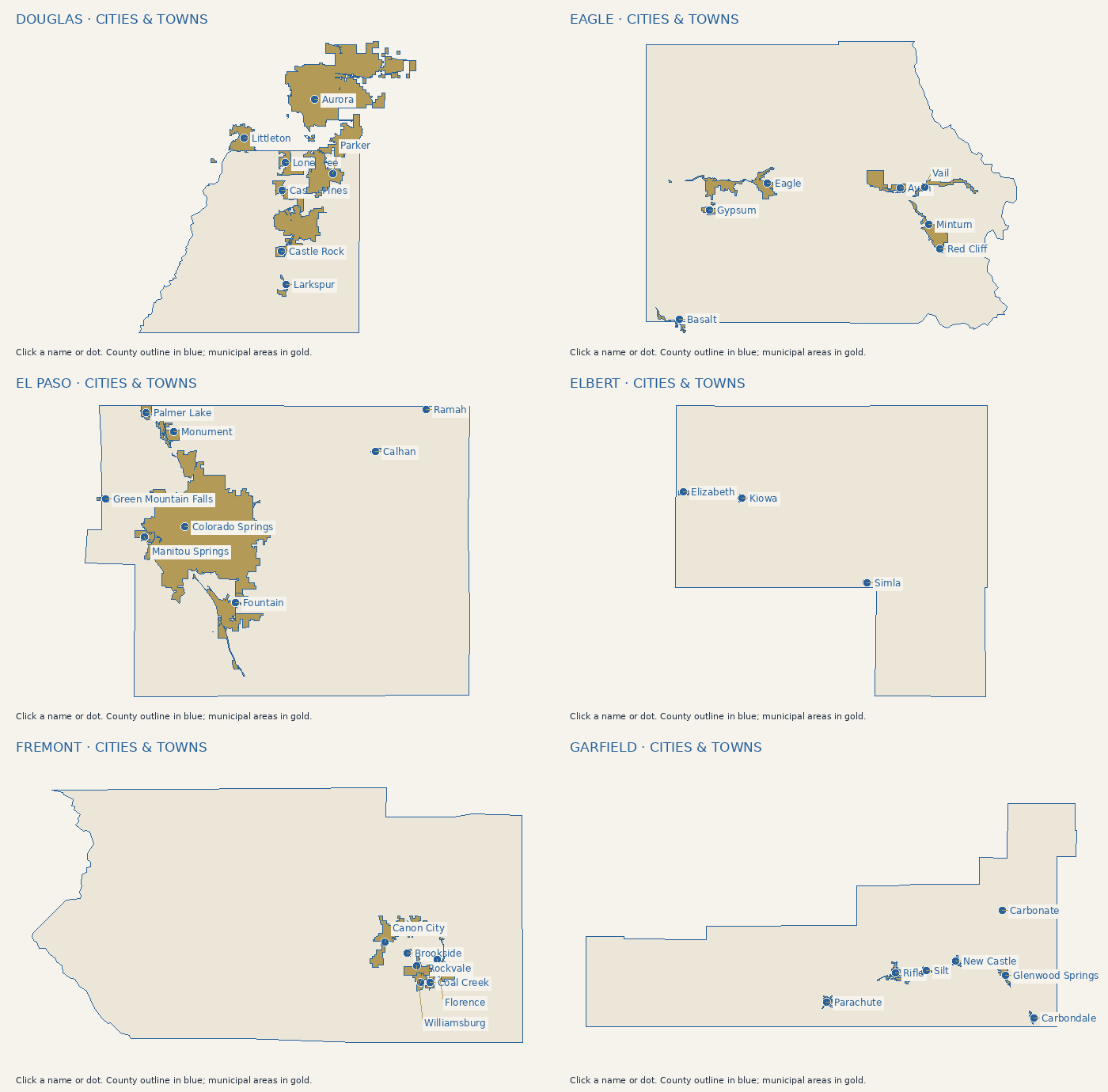 Cities and towns in Douglas County. Click a label or use the city list.
