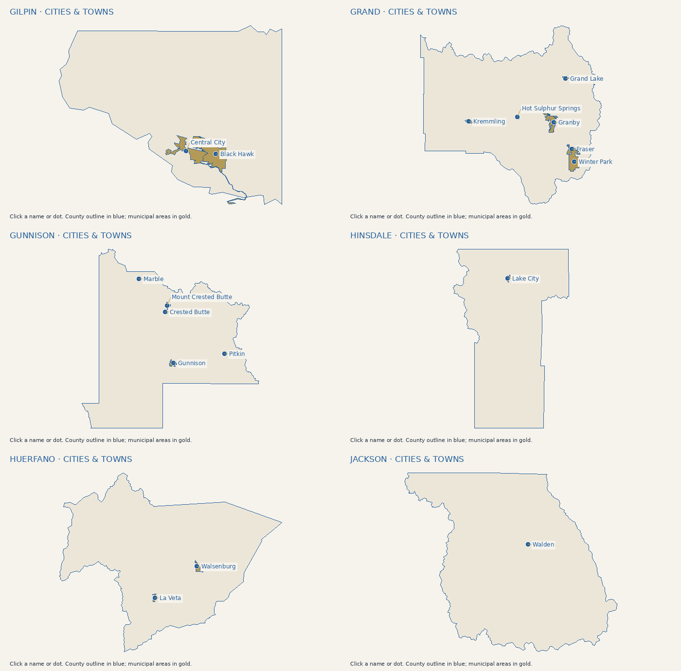 Cities and towns in Gilpin County. Click a label or use the city list.