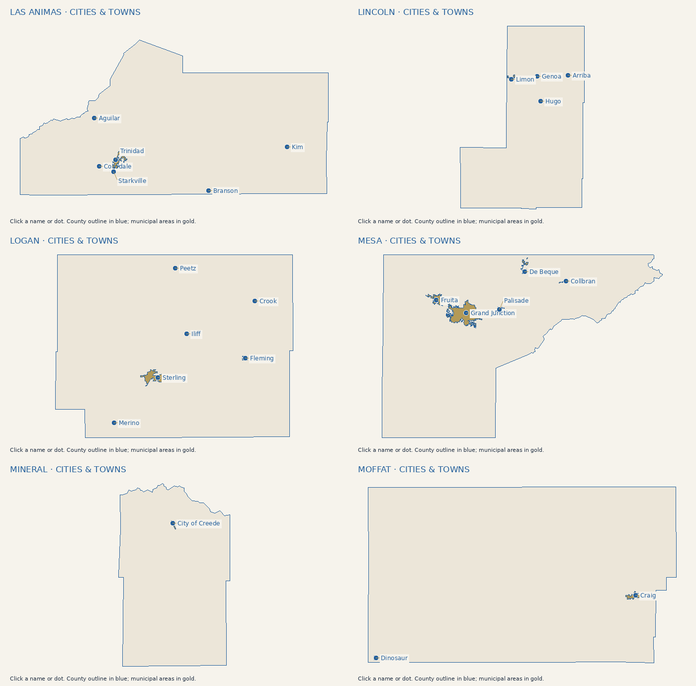 Cities and towns in Las Animas County. Click a label or use the city list.