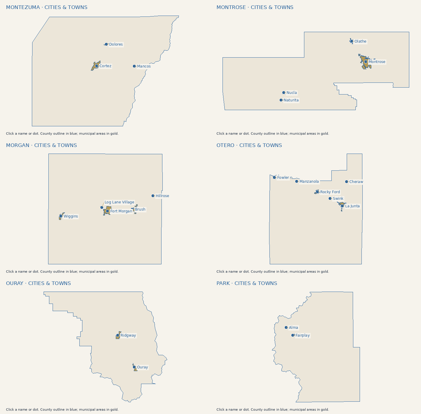 Cities and towns in Montezuma County. Click a label or use the city list.
