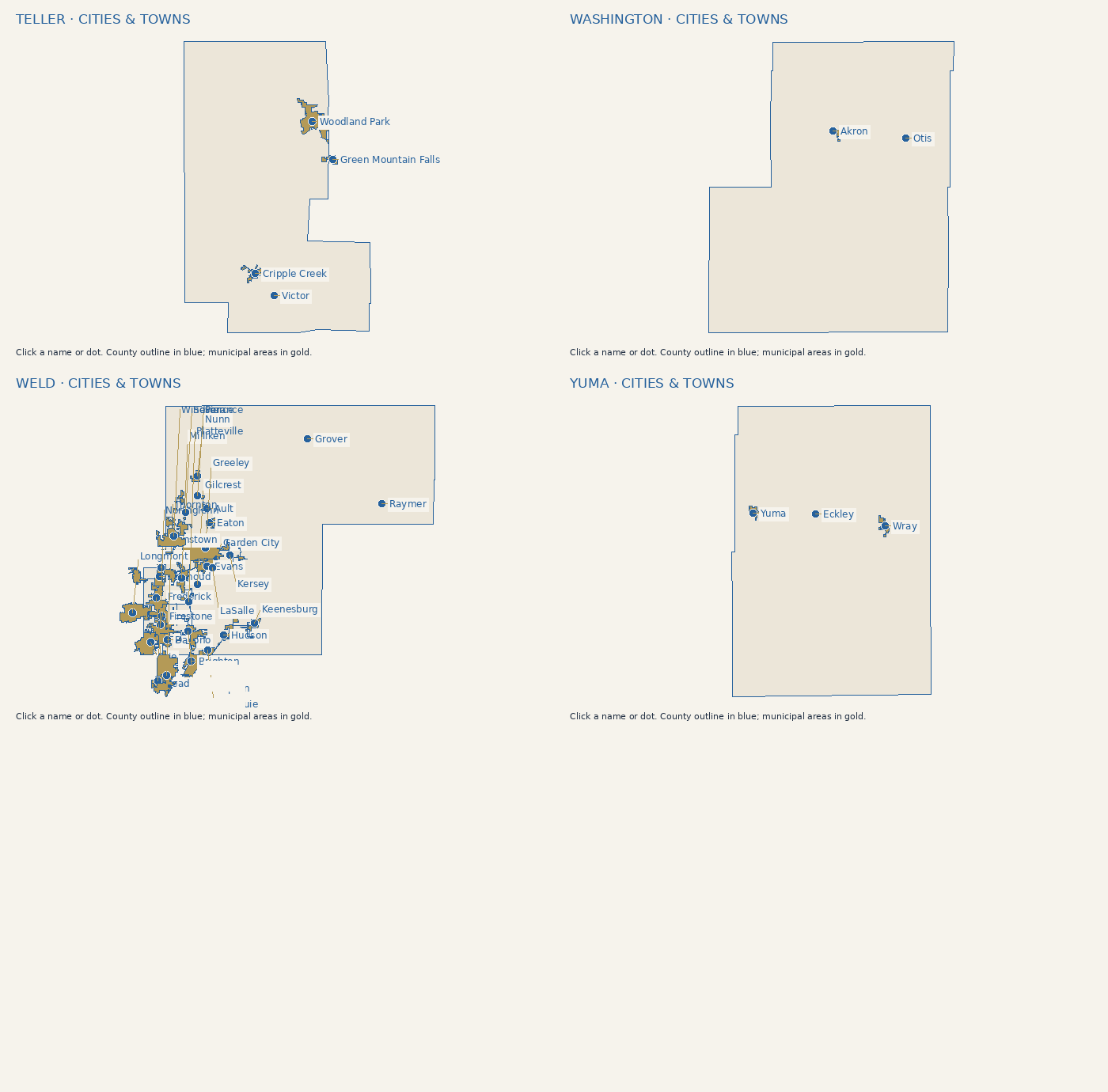 Cities and towns in Teller County. Click a label or use the city list.